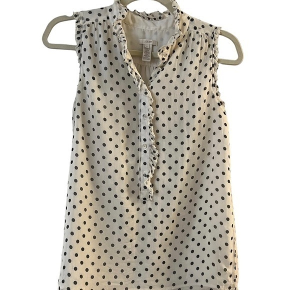 J. Crew Natasha Polka Dot 100% Silk Sleeveless Ruffled Top Blouse